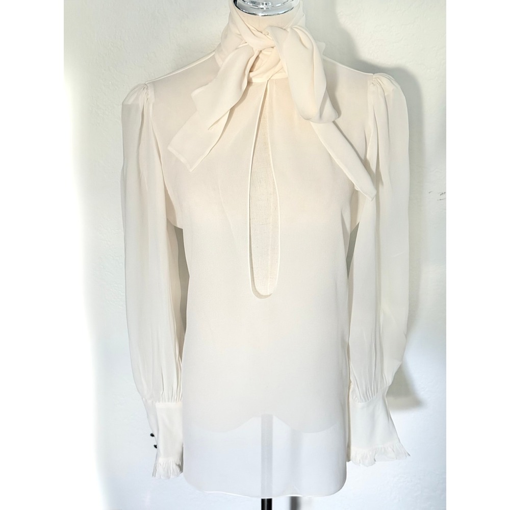 Redemption Italian Silk Keyhole Tie Neck Poet Blouse Cream 44 US 8 Coquette